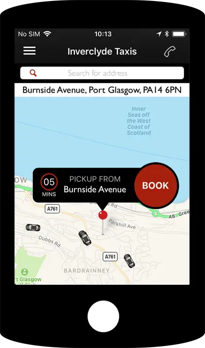Smartphone displaying the Inverclyde Taxis booking app with a map showing Burnside Avenue pickup location in Port Glasgow