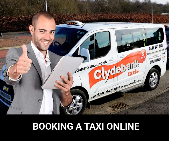 Smiling man in a suit giving a thumbs-up holding a tablet in front of a white Clydebank Taxis van, with text reading BOOKING A TAXI ONLINE