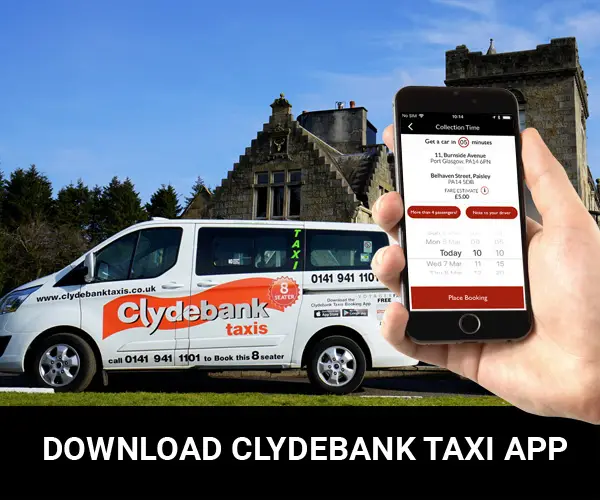 Hand holding a smartphone displaying the booking app next to a white Clydebank Taxis 8-seater van, with text reading DOWNLOAD CLYDEBANK TAXI APP