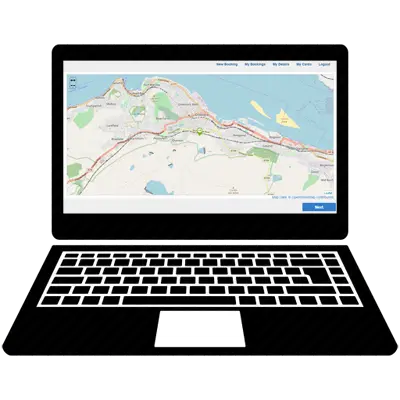 Laptop computer screen showing an online booking system with an interactive map interface