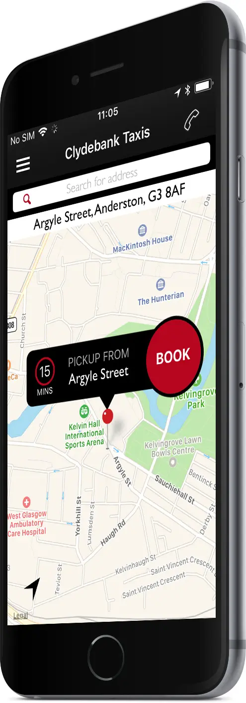 Smartphone displaying the Clydebank Taxis booking app interface with a map showing Argyle Street pickup location