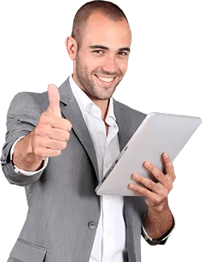 Smiling man in a grey suit giving a thumbs-up while holding a tablet computer against a transparent background.